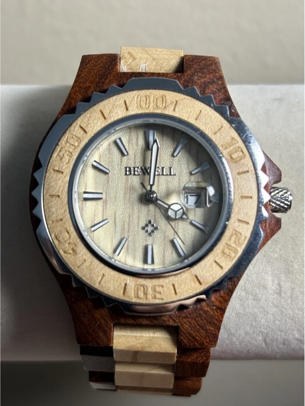 BEWELL Wooden Watch Date Quartz Two-Tone Wood Band 38mm